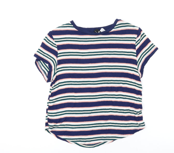 H&M Womens Blue Striped Viscose Basic T-Shirt Size XS Round Neck