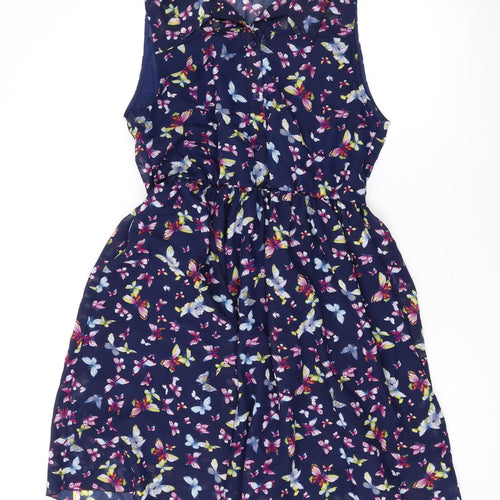 Lili Womens Blue Geometric Polyester A-Line Size 14 V-Neck Button