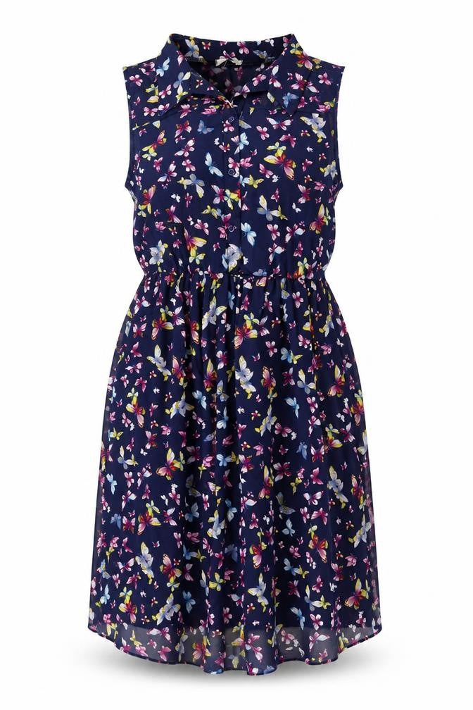 Front view of Lili women’s blue geometric polyester a-line, size UK 14, v-neck button