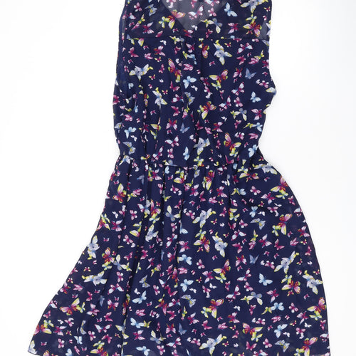 Lili Womens Blue Geometric Polyester A-Line Size 14 V-Neck Button
