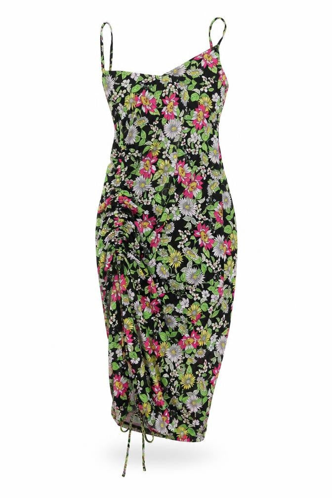 Front view of No Comment women’s black floral polyester bodycon, size M, v-neck pullover