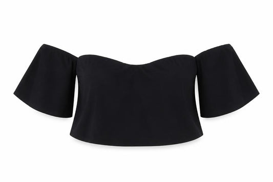 Front view of PRETTYLITTLETHING women’s black polyester cropped blouse, size UK 12, off the shoulder