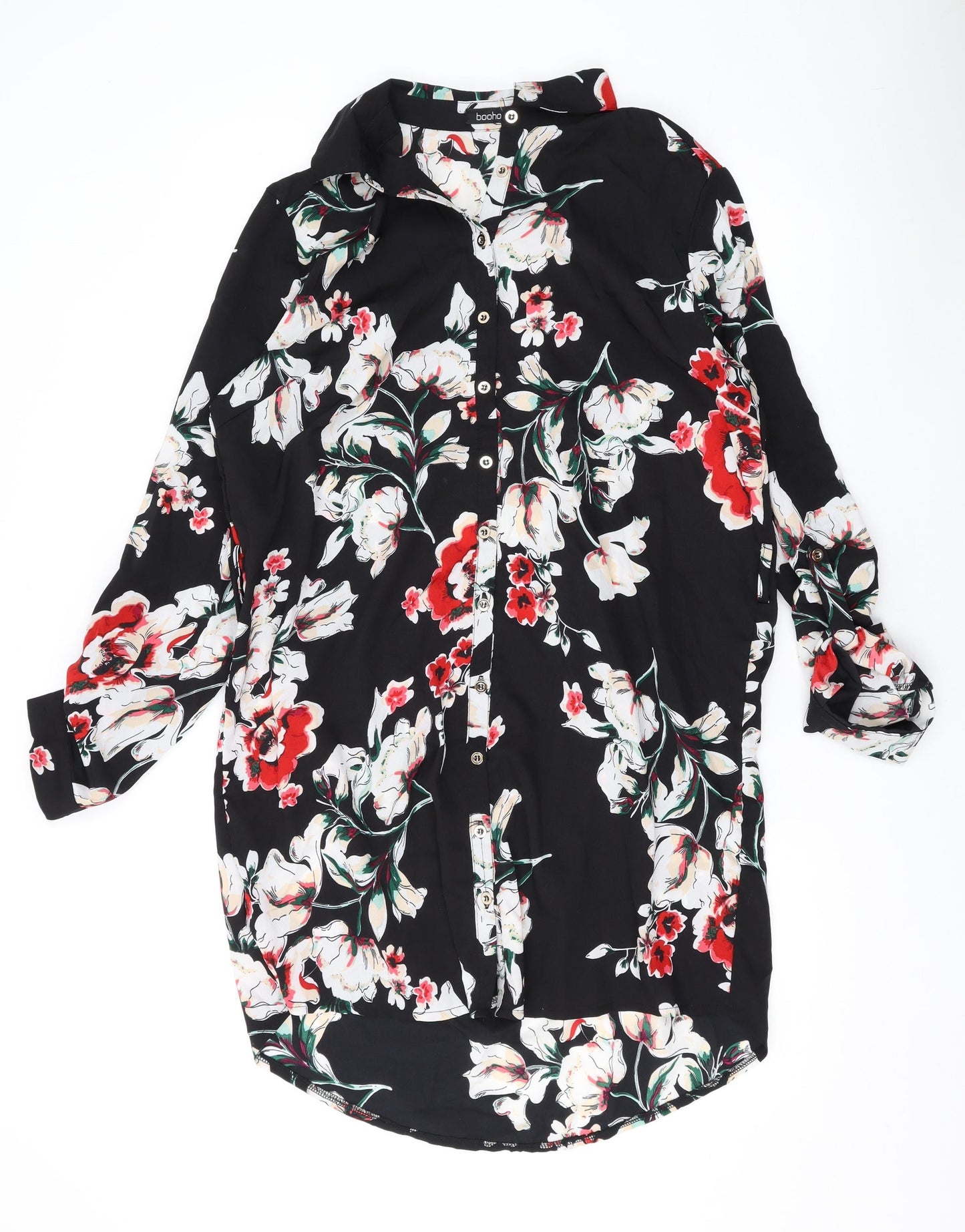 Boohoo Womens Black Floral Polyester Shirt Dress Size 12 Collared Button