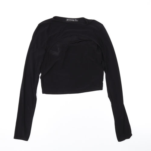 PRETTYLITTLETHING Womens Black Polyester Cropped Blouse Size 8 Round Neck