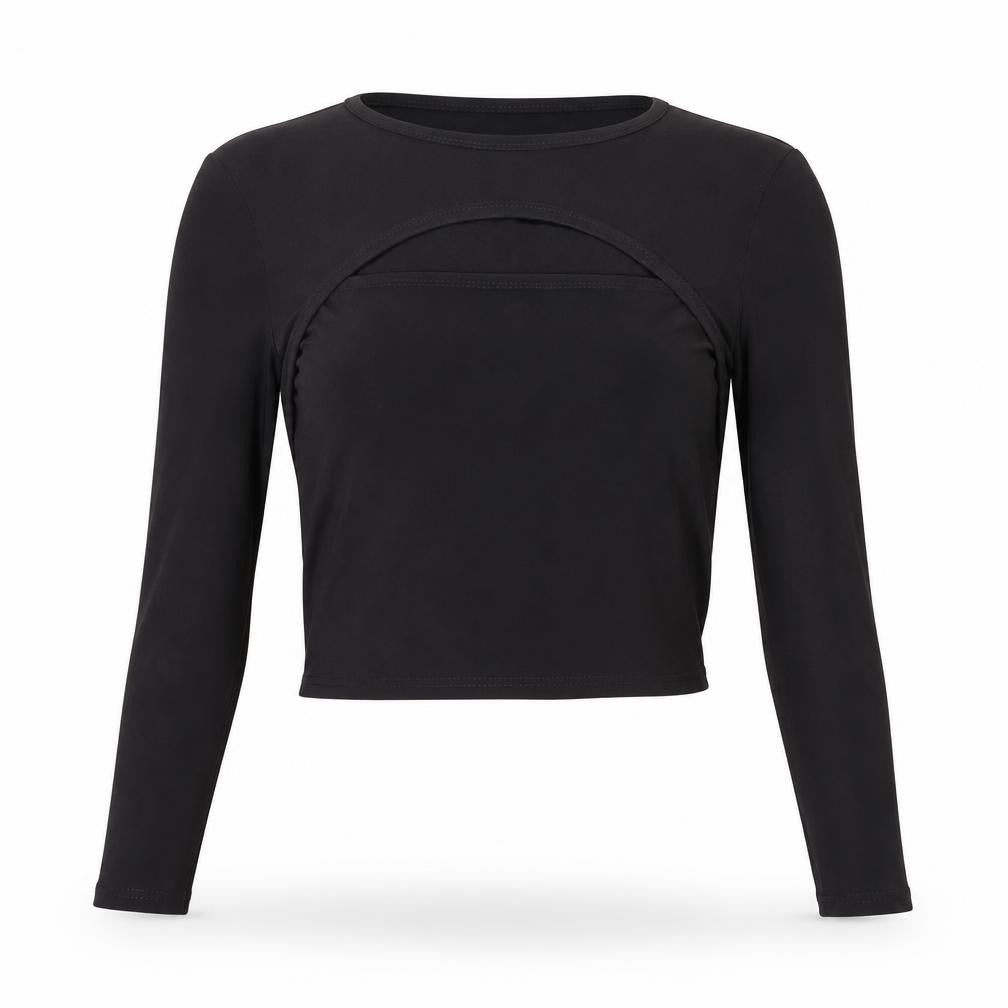 Front view of PRETTYLITTLETHING women’s black polyester cropped blouse, size UK 8, round neck