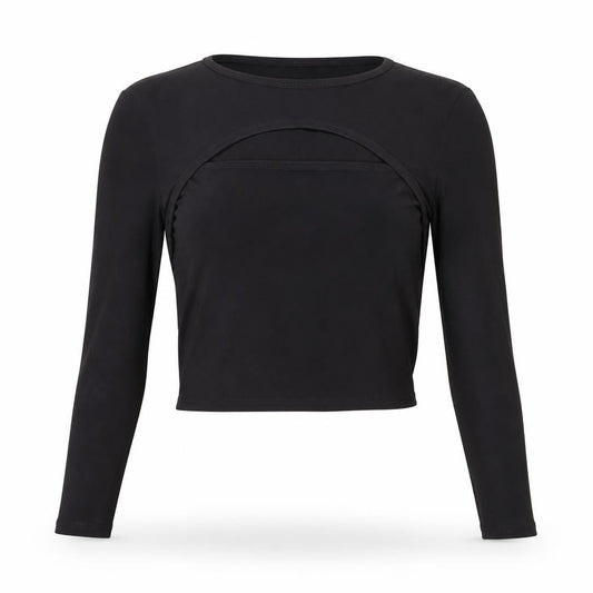 Front view of PRETTYLITTLETHING women’s black polyester cropped blouse, size UK 8, round neck