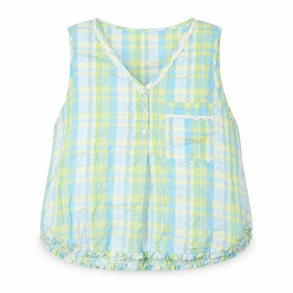 Front view of Slenderella women’s blue plaid cotton basic tank, size UK 18, v-neck