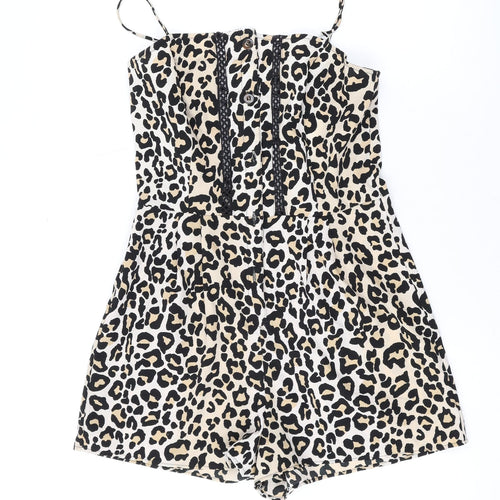 Topshop Womens Brown Animal Print Polyester Playsuit One-Piece Size 8 L3 in Button - Leopard Print