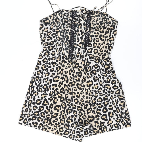 Topshop Womens Brown Animal Print Polyester Playsuit One-Piece Size 8 L3 in Button - Leopard Print