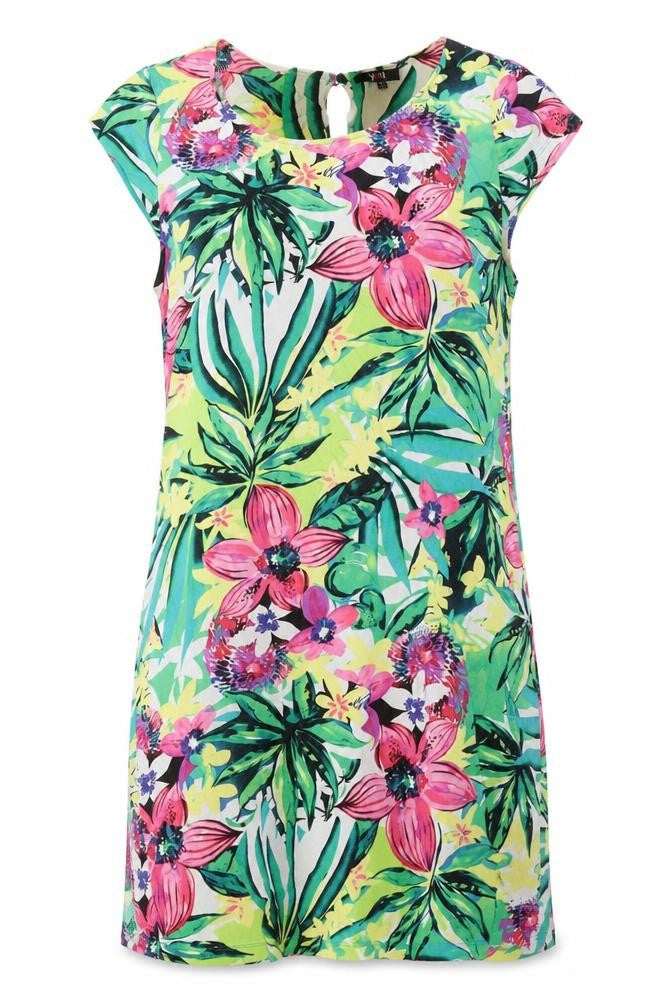 Yest Womens Green Geometric Cotton T-Shirt Dress Size 16 Round Neck Button