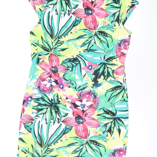 Yest Womens Green Geometric Cotton T-Shirt Dress Size 16 Round Neck Button