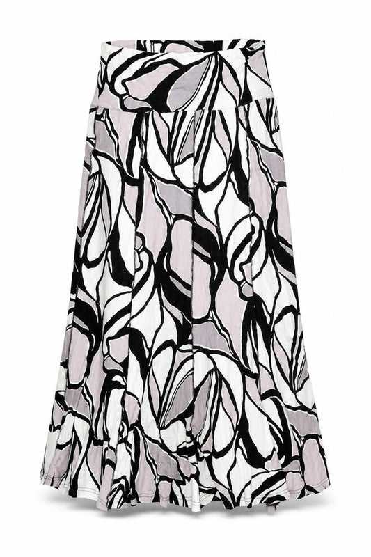 Front view of Oscar B women’s grey geometric viscose swing skirt, size UK 12