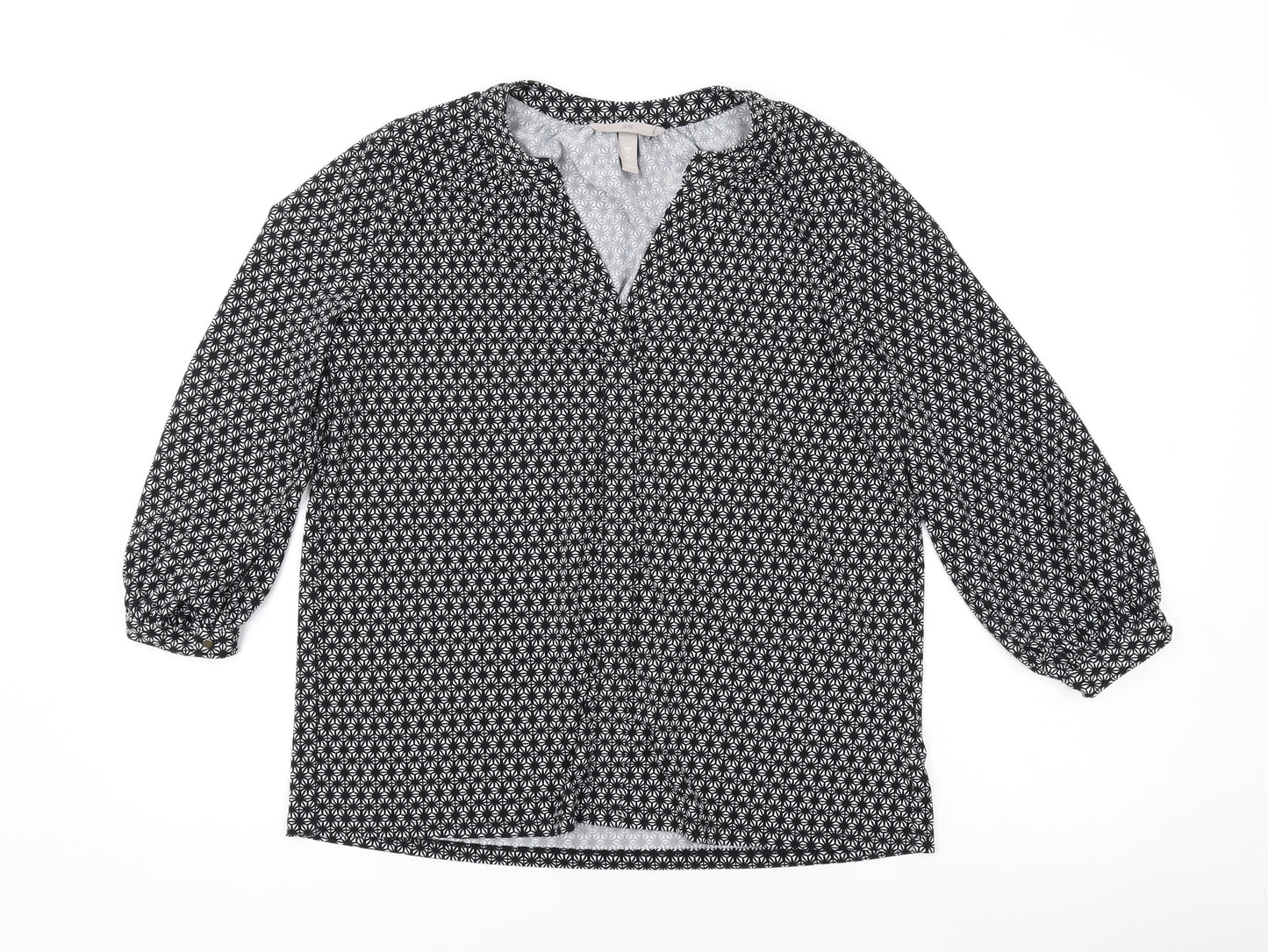H&M Womens Black Geometric Polyester Basic Blouse Size S V-Neck