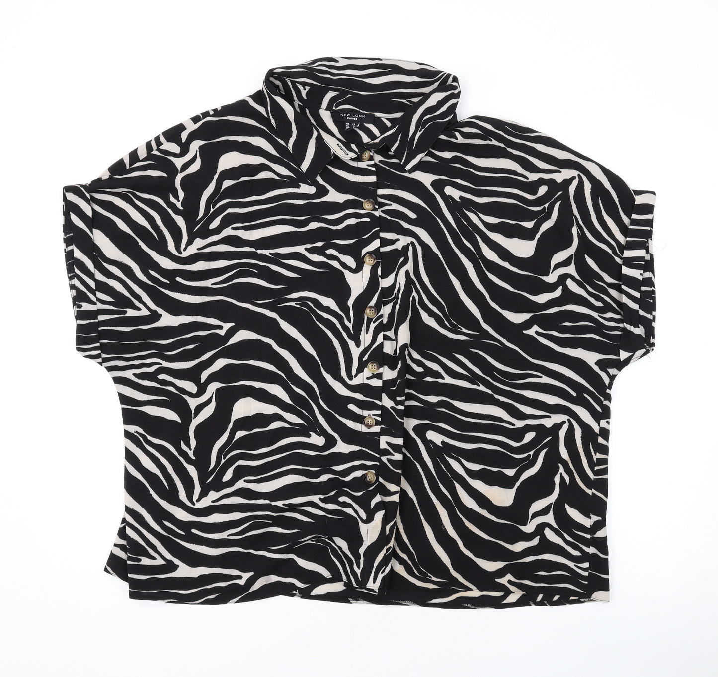 New Look Womens Black Animal Print Polyester Basic Button-Up Size 22 Collared