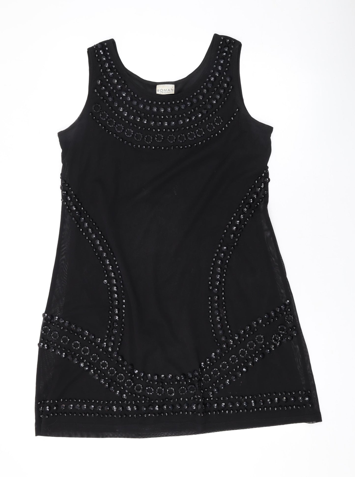 Roman Womens Black Geometric Polyester Tank Dress Size 14 Scoop Neck Pullover