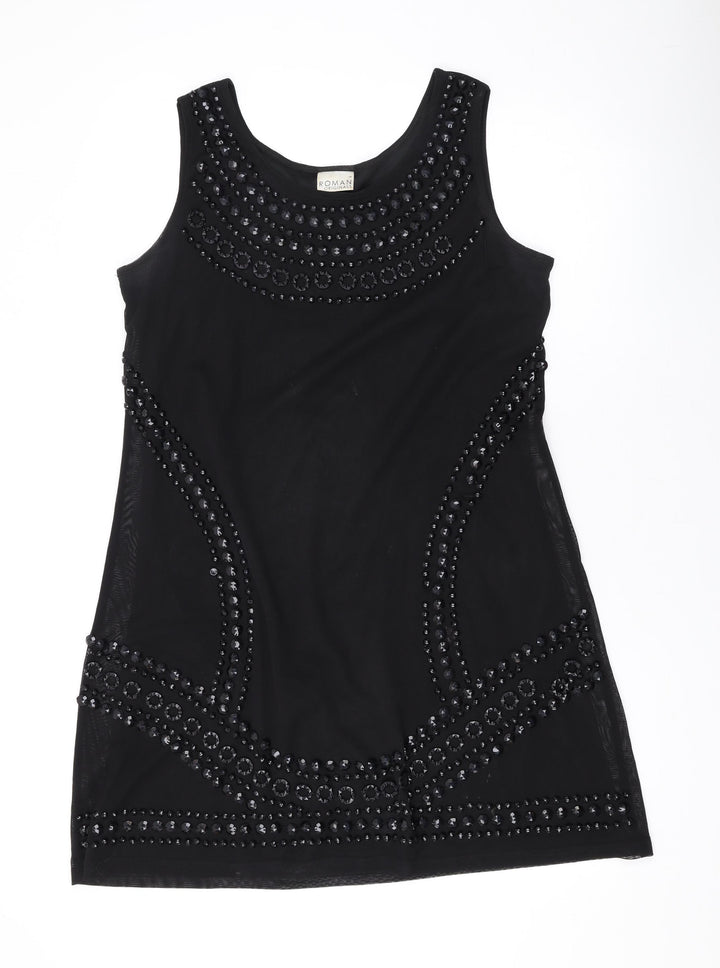 Roman Womens Black Geometric Polyester Tank Dress Size 14 Scoop Neck Pullover