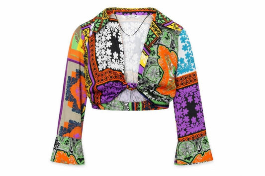 Front view of Zara women’s multicoloured geometric polyester basic blouse, size XS, v-neck