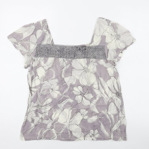 NEXT Womens Grey Floral Cotton Basic T-Shirt Size 10 Square Neck