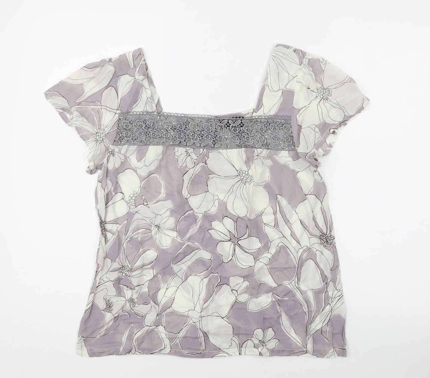 NEXT Womens Grey Floral Cotton Basic T-Shirt Size 10 Square Neck
