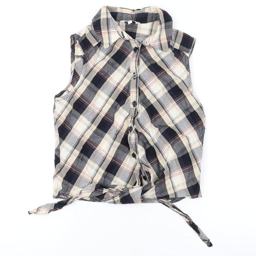 New Look Womens Beige Plaid Cotton Basic Button-Up Size 8 Collared
