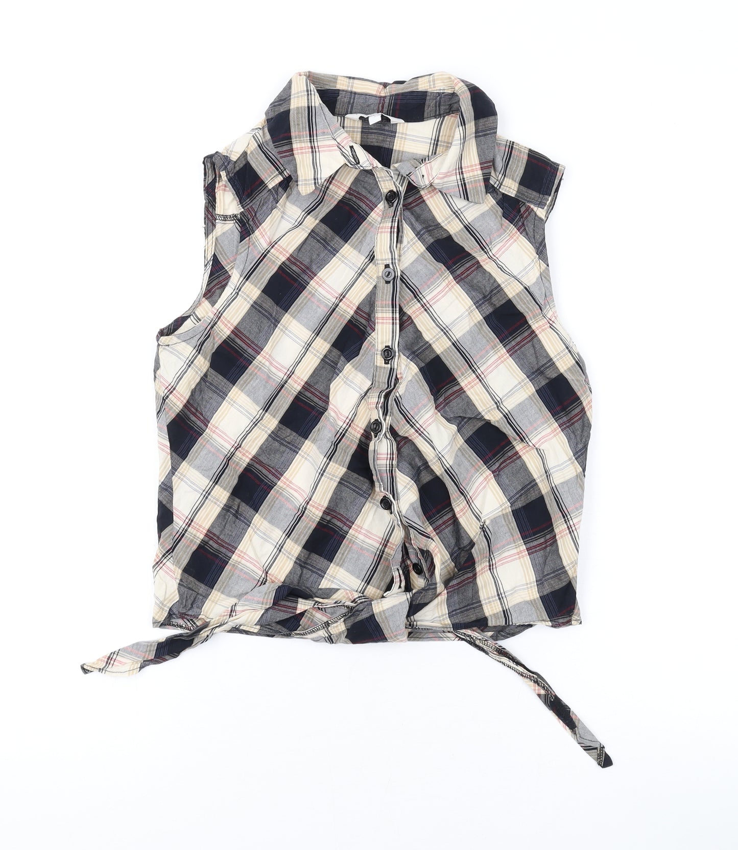 New Look Womens Beige Plaid Cotton Basic Button-Up Size 8 Collared