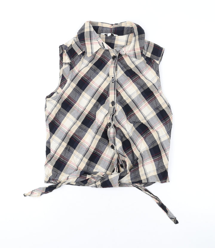 New Look Womens Beige Plaid Cotton Basic Button-Up Size 8 Collared