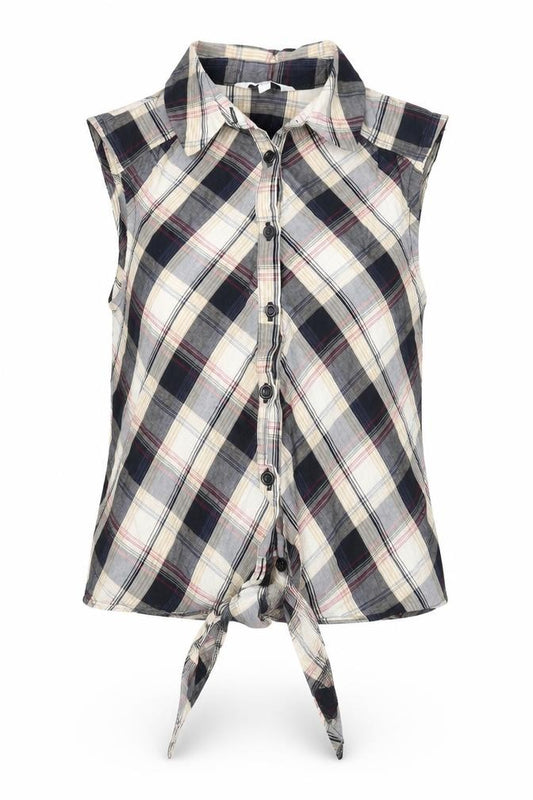Front view of New Look women’s beige plaid cotton basic button-up, size UK 8, collared