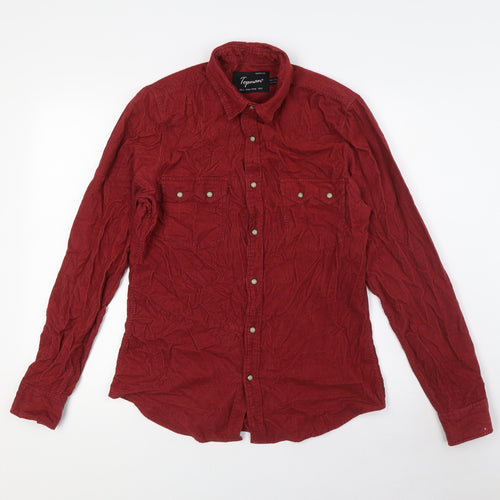 Topshop Mens Red Cotton Button-Up Size S Collared Snap