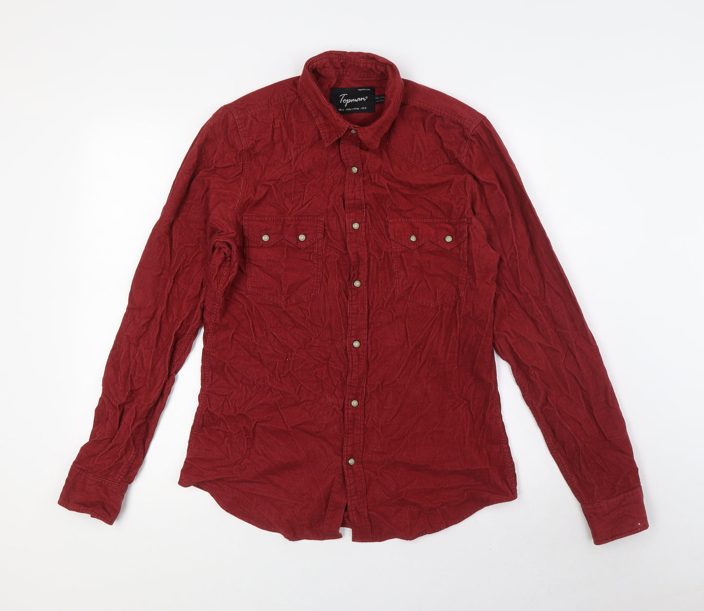 Topshop Mens Red Cotton Button-Up Size S Collared Snap