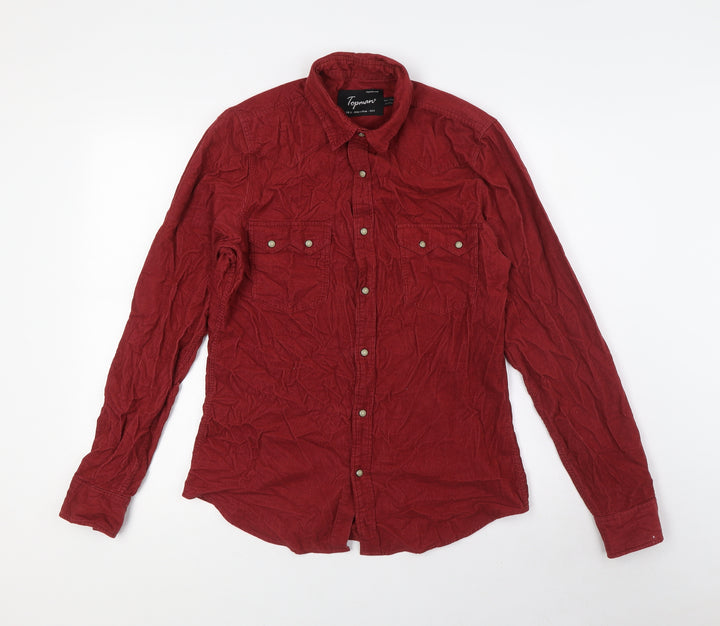 Topshop Mens Red Cotton Button-Up Size S Collared Snap