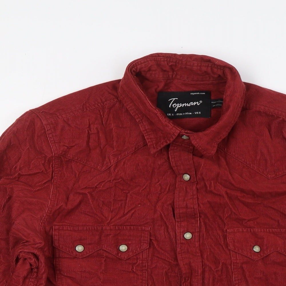 Topshop Mens Red Cotton Button-Up Size S Collared Snap