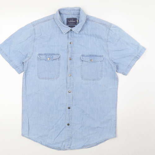 Topshop Mens Blue Cotton Button-Up Size M Collared Button