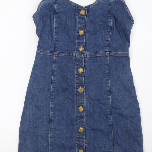 Denim & Co. Womens Blue Cotton Pencil Dress Size 8 Square Neck Button