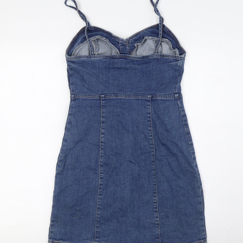 Denim & Co. Womens Blue Cotton Pencil Dress Size 8 Square Neck Button