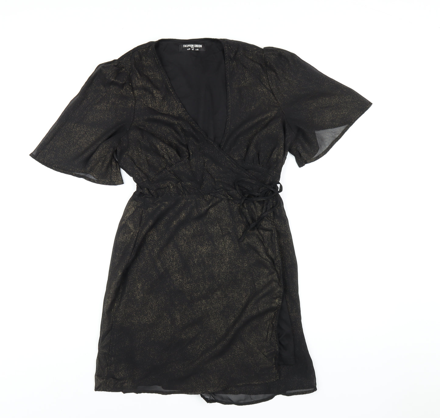 Fashion Union Womens Black Polyester Wrap Dress Size 10 V-Neck Tie