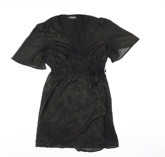 Front view of Fashion Union women’s black polyester wrap dress, size UK 10, v-neck tie