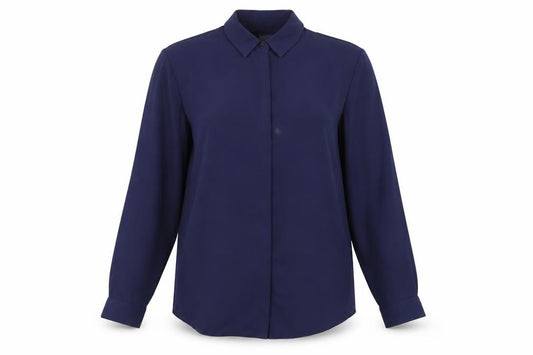 Front view of ASOS women’s blue polyester basic button-up, size UK 10, collared