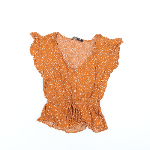 One Clothing Womens Orange Polka Dot Viscose Basic T-Shirt Size XS V-Neck