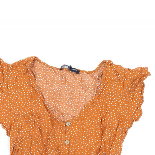 One Clothing Womens Orange Polka Dot Viscose Basic T-Shirt Size XS V-Neck