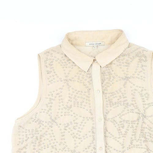 River Island Womens Beige Polyester Basic Button-Up Size 8 Collared - Beaded