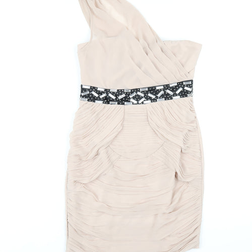 Lispy Womens Beige Polyester Mini Size 10 One Shoulder Zip