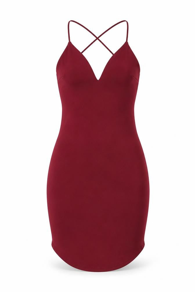 Front view of Boohoo women’s red polyester bodycon, size UK 6, v-neck pullover