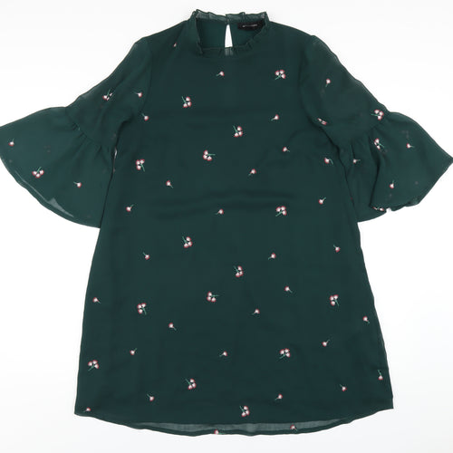 New Look Womens Green Floral Polyester A-Line Size 10 Mock Neck Button