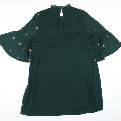 New Look Womens Green Floral Polyester A-Line Size 10 Mock Neck Button