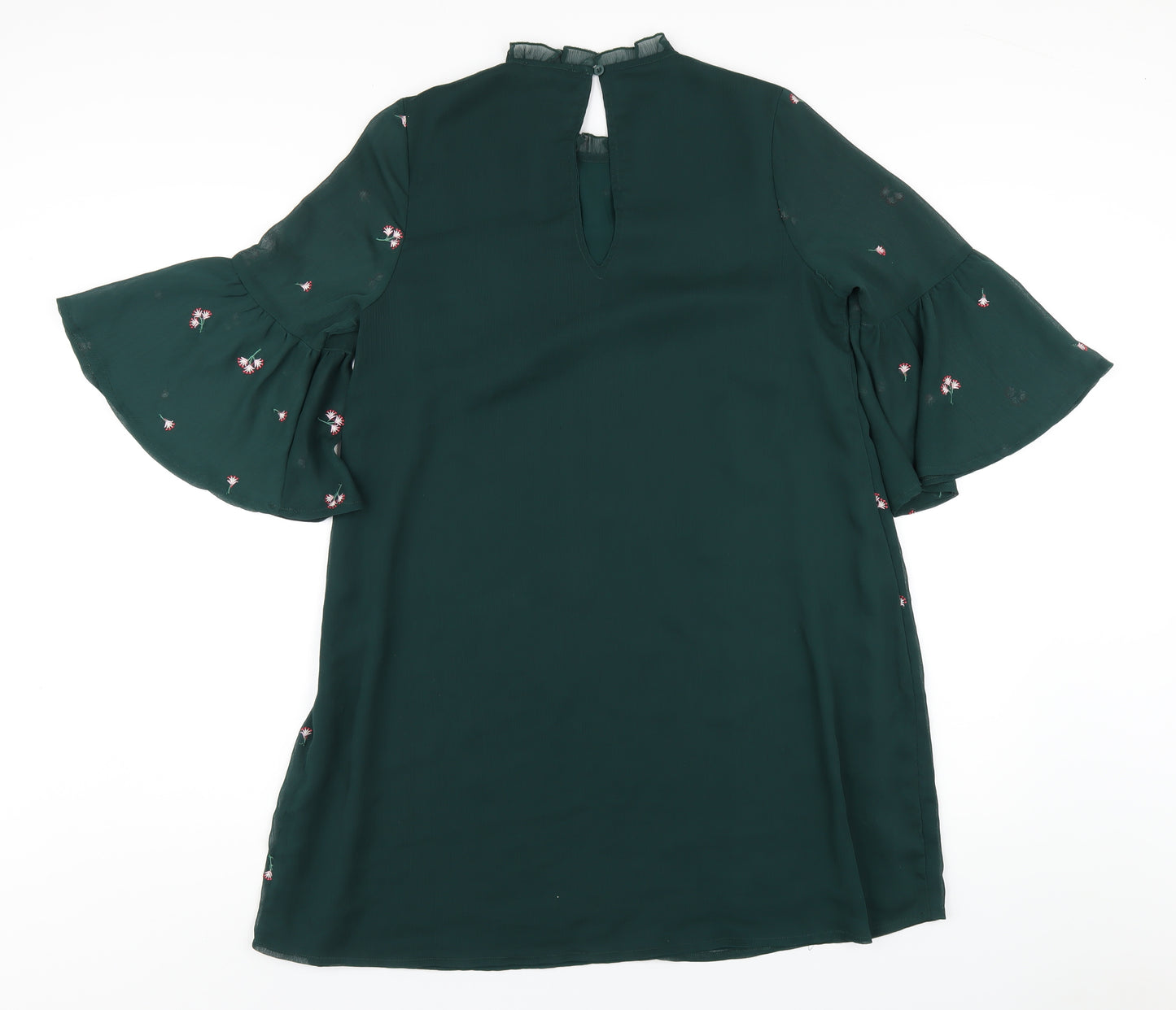 New Look Womens Green Floral Polyester A-Line Size 10 Mock Neck Button