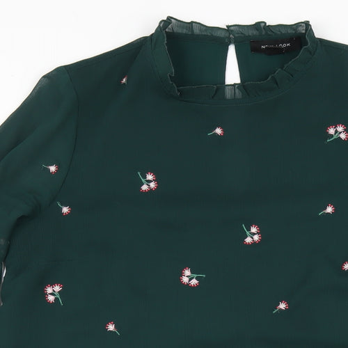 New Look Womens Green Floral Polyester A-Line Size 10 Mock Neck Button