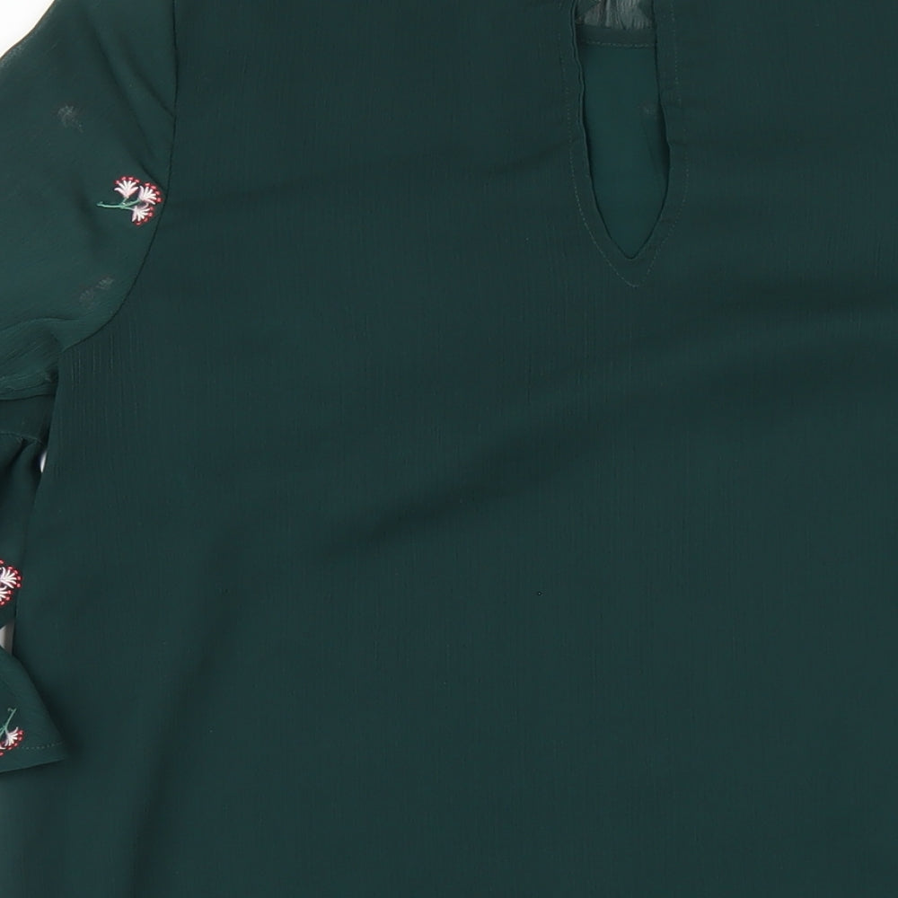 New Look Womens Green Floral Polyester A-Line Size 10 Mock Neck Button