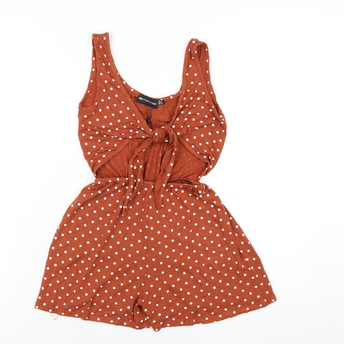 PRETTYLITTLETHING Womens Brown Polka Dot Viscose Playsuit One-Piece Size 6 Pullover