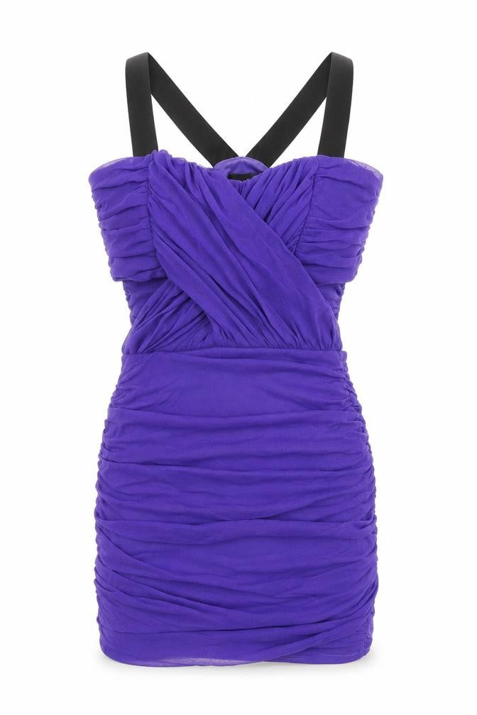 Front view of ASOS women’s purple nylon bodycon, size UK 10, v-neck pullover