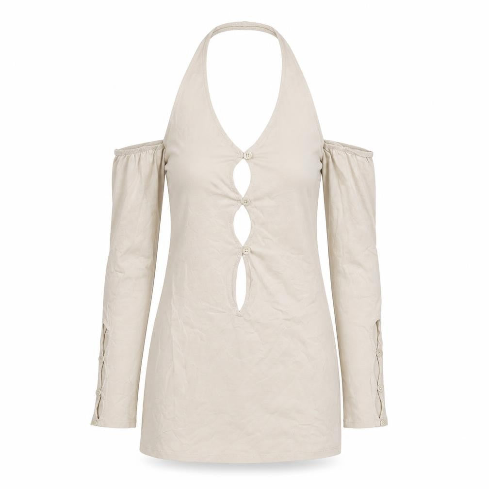 Front view of Motel Rocks women’s beige cotton bodycon, size XS, halter pullover